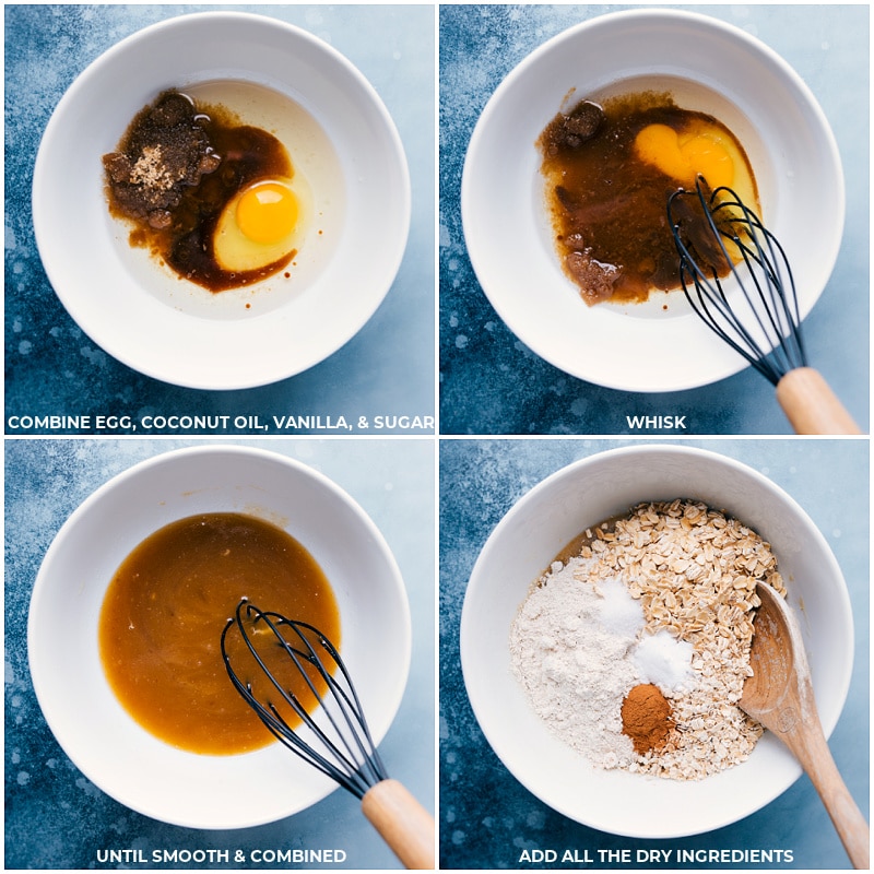 Healthy Oatmeal Chocolate Chip Cookies contain no gluten or dairy and have very little sugar. They come together quickly in ONE bowl, and don’t require any special ingredients or trips to a local health foods store — you might already have everything needed in the pantry! Recipe via ChelseasMessyApron #dessert #best #quick #easy #simple #seasalt #clean #cleaneringredients #healthy #oatmeal #chocolatechip #cookies Process shots-- whisking together the liquid ingredients; adding the dry ingredients and stirring