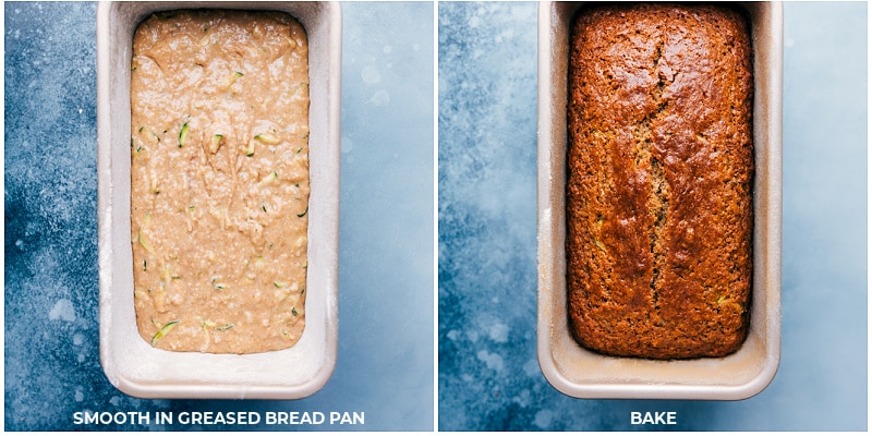 This deliciousย Healthy Zucchini Bread is moist, flavorful, and packed with fresh zucchini! Recipe via ChelseasMessyApron #breakfast #quick #easy #simple #healthier #brunch #healthy #zucchini #bread Process shots-- images of the batter being added into the prepared bread pan and then being baked