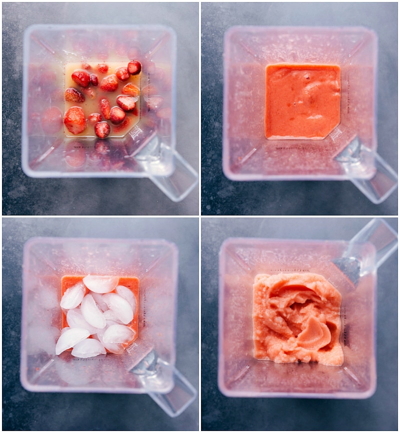 Sequential steps showing ingredients added to a blender, blended, then ice added, and blended again to a smooth consistency. Adding ingredients to a blender, with ice being added for a second blend.