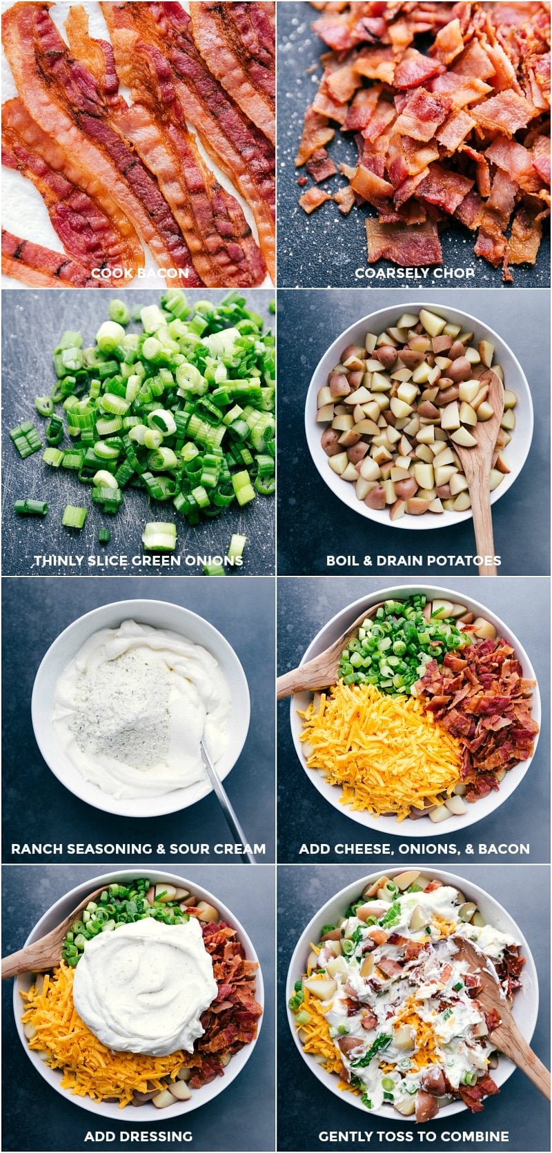 Ranch Potato Salad Creation: From Chopping Bacon to Boiling Potatoes and Tossing with Creamy Sauce Chopping bacon, cutting green onions, boiling potatoes, making creamy sauce, and tossing all ingredients together for the bacon ranch potato salad.