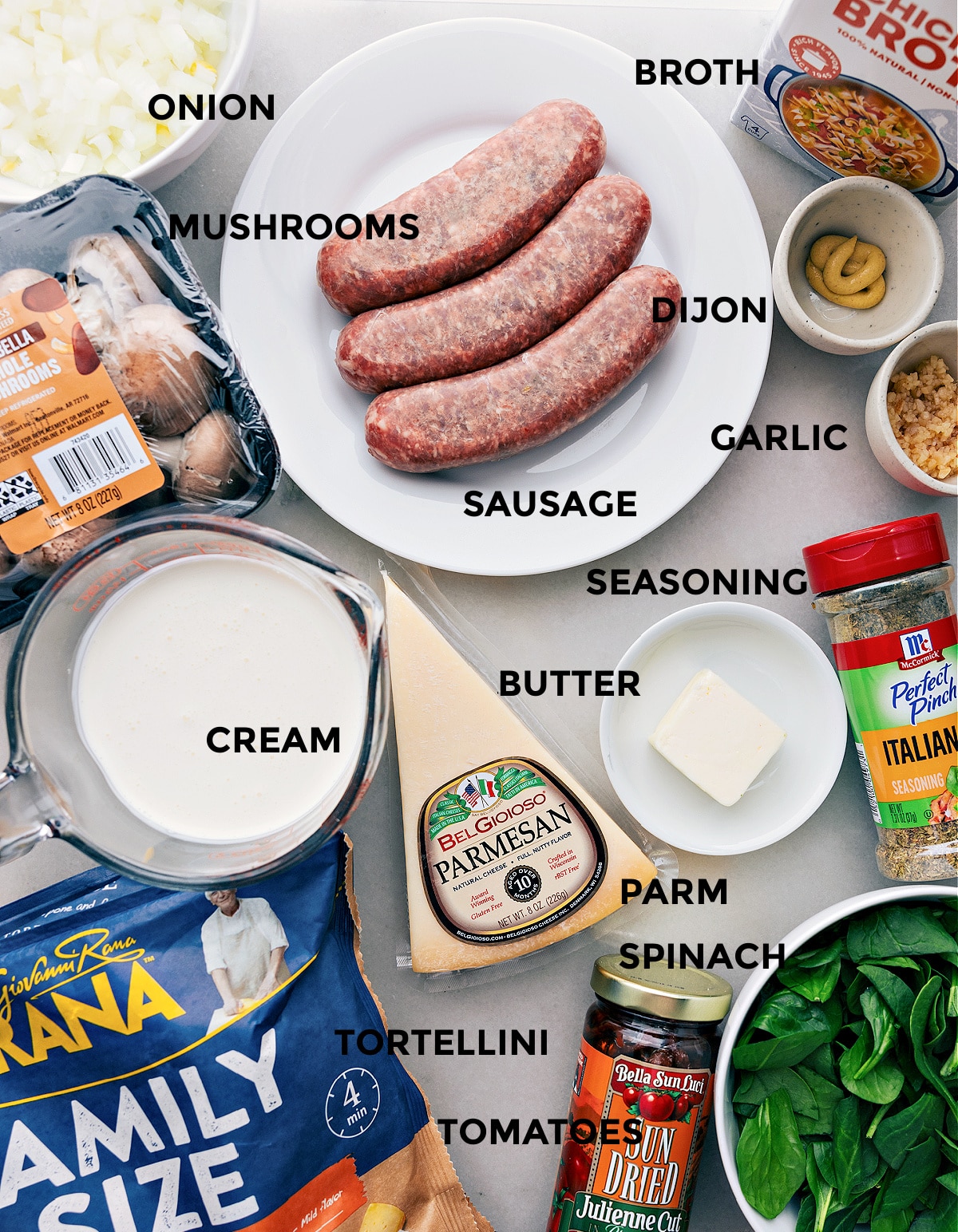 Ingredients In Sausage Tortellini Bake All the ingredients prepped out ready for easy assembly.