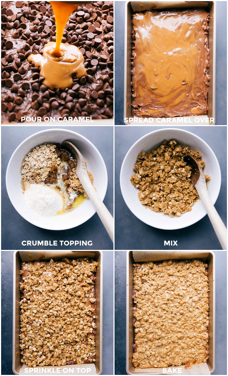 Layering Brownie Cookie Bars: Pouring Caramel, Making Crumble Topping, Sprinkling and Baking Caramel layer being poured over the chocolate chip layer, making crumble topping, sprinkling it on top, and baking.