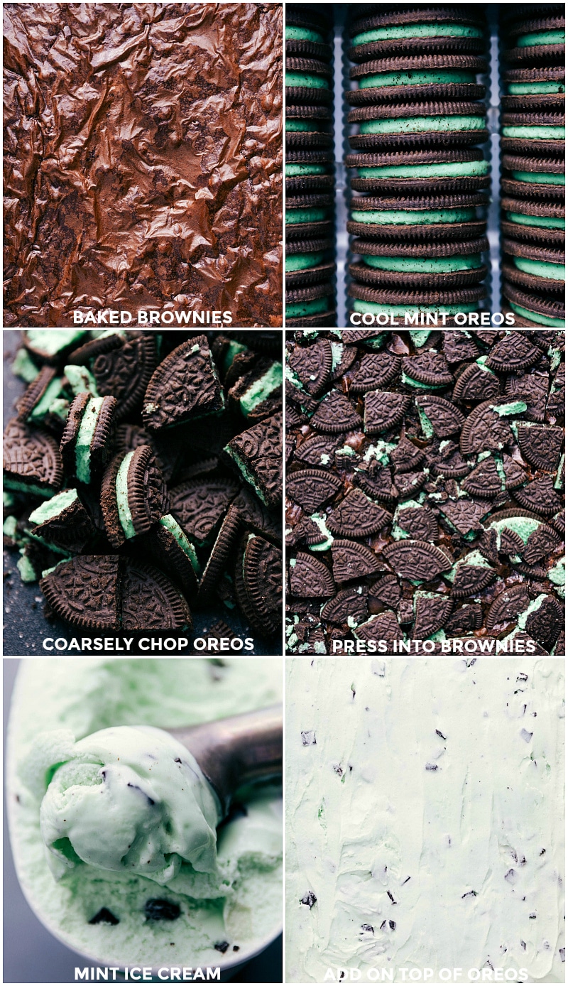 Step-by-Step Creation of Mint Ice Cream Bars with Oreos and Brownie Base Freshly baked brownies, various stages of oreo integration, and ice cream layering.