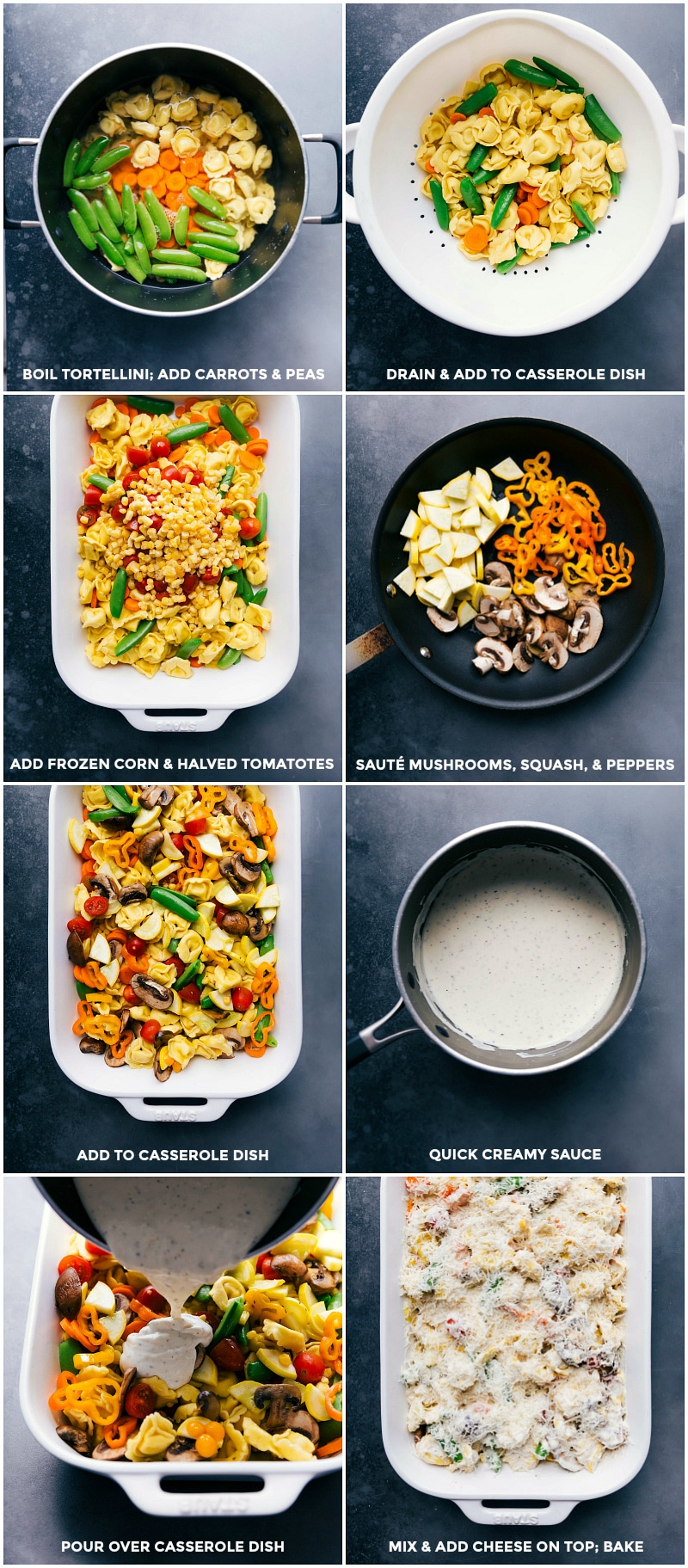 Tortellini Casserole Preparation: Cooking, Assembling, and Saucing Cooking the tortellini and veggies, adding everything to a casserole, and pouring cream sauce over it.