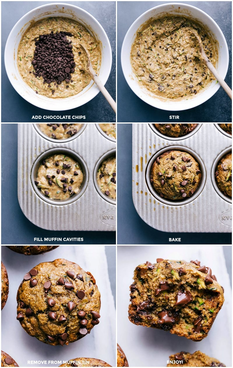 Making Gluten-Free Zucchini Muffins: Adding Chocolate Chips and Baking Adding chocolate chips, stirring, filling tins, baking, removing from the oven, and ready to eat.