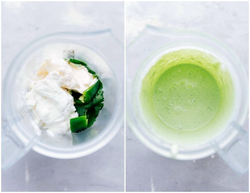 Cilantro-Lime Dressing for Honey-Lime Chicken Thighs A container of cilantro-lime dressing, a flavorful accompaniment to honey-lime chicken thighs, adding a zesty and refreshing touch to the dish.