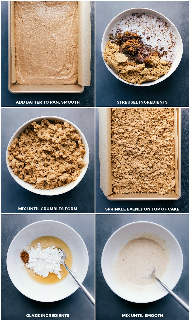 Preparing Coffee Cake: Batter in Pan, Adding Crumble Topping, Making Glaze Batter in a pan, with crumble topping being made and added on top, and the glaze being prepared.