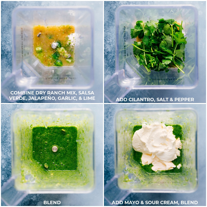 Is there anything better than this creamy cilantro-lime dressing?! Our flavor-packed restaurant copycat version is ridiculously easy to make (throw it all in the blender and let it whirl!). Recipe via ChelseasMessyApron #side #best #quick #easy #salad #copycat #caferio #saladdressing #dressing Process shots-- images of the ingredients being added to the blender and it all being blend together