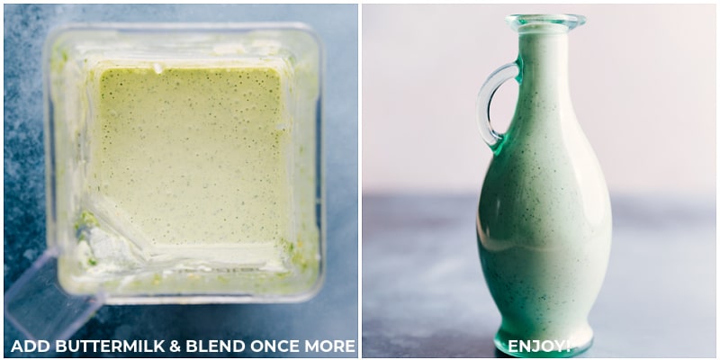 Cafe Rio Dressing is all the rage in the States -- is there anything better than this creamy cilantro-lime dressing?! Our flavor-packed restaurant copycat version is ridiculously easy to make (throw it all in the blender and let it whirl!). Recipe via ChelseasMessyApron #side #best #quick #easy #salad #copycat #caferio #saladdressing #dressing Images of the cafe rio dressing getting buttermilk added and then it being poured into a jar