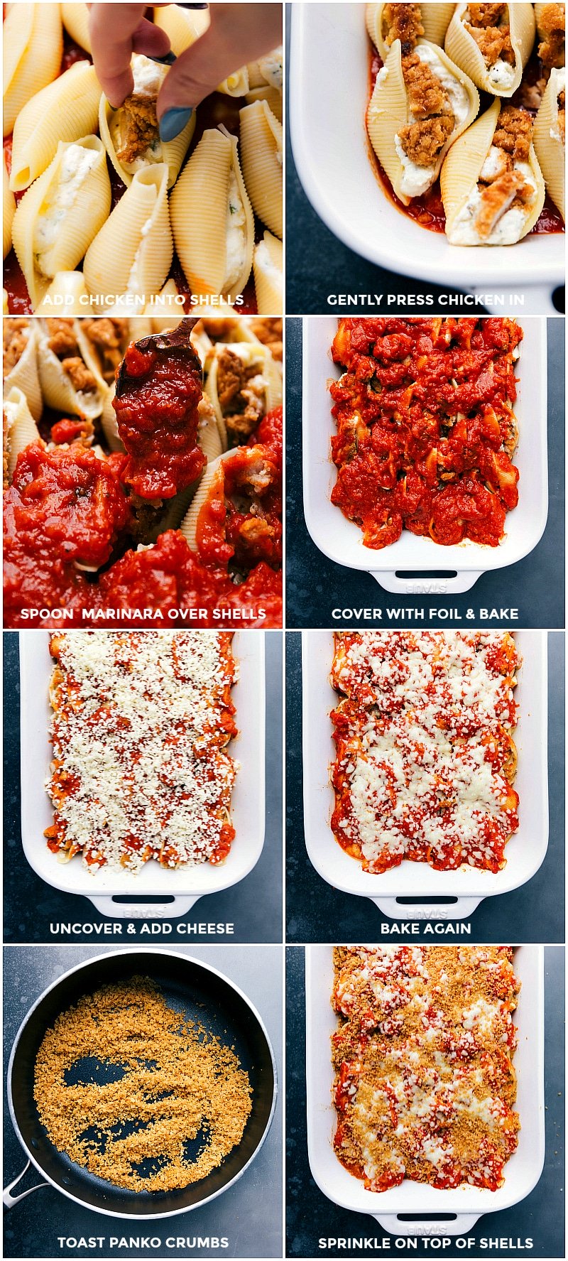 Preparing Chicken Parm Stuffed Shells: Assembly, Baking, and Topping with Crispy Panko Adding cheese-stuffed shells to the pan, placing chicken pieces in the shells, spooning marinara sauce over the shells, covering with foil and baking, uncovering, adding cheese and baking more, toasting panko crumbs, and sprinkling crumbs on top of baked shells to complete the chicken parm stuffed shells recipe.