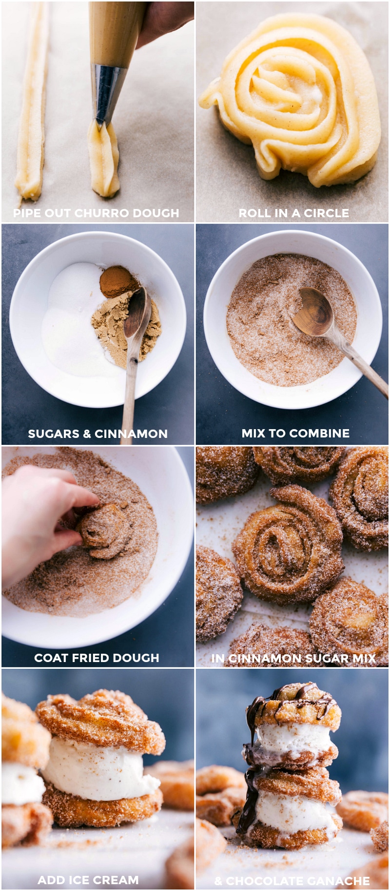 Churro Making Process: Piping Dough, Creating Cinnamon Sugar, Coating Fried Dough, and Adding Ice Cream Filling Dough piped into circles, with cinnamon sugar prepared, fried dough dipped in sugar, and ice cream placed in the center.
