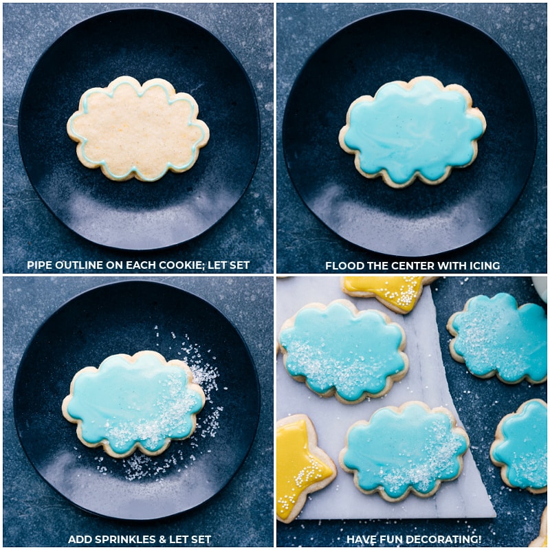 Cut-Out Sugar Cookie Recipe! A simple, but delicious cookie recipe with stunning results and minimal hands-on or chilling time. Plus, the sugar cookie icing is easy to work with and so tasty (unlike a lot of royal icing recipes.) Recipe via ChelseasMessyApron #dessert #best #quick #easy #simple #treat #fresh #frosting #icing #icedsugarcookies #cutout #sugar #cookie #recipe Process shots-- images of the cookies being iced