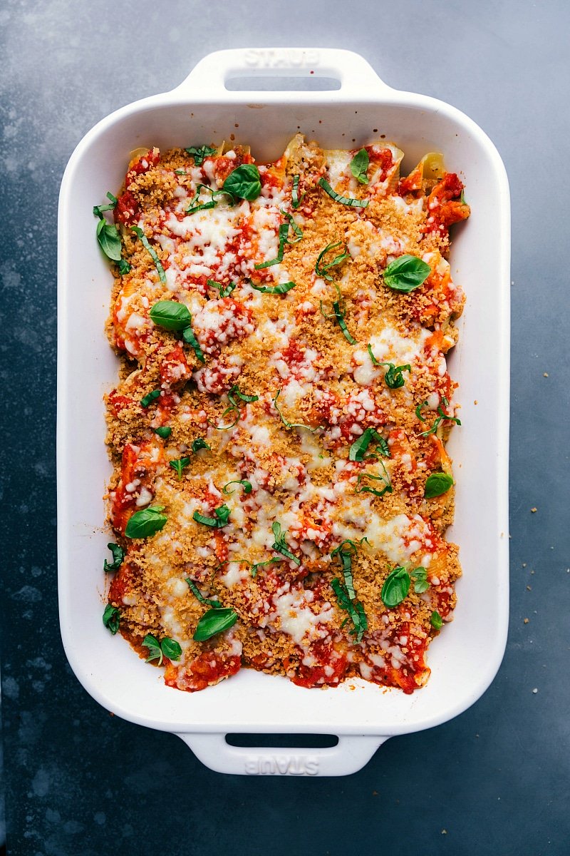 Chicken Parm Stuffed Shells Ready for Serving Warm and delicious meal, ready to be served.