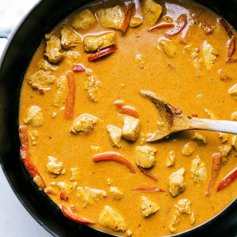 Flavorful Chicken Curry Cooking The flavorful meal cooking in the pan, rich with sauce and aromatic spices.