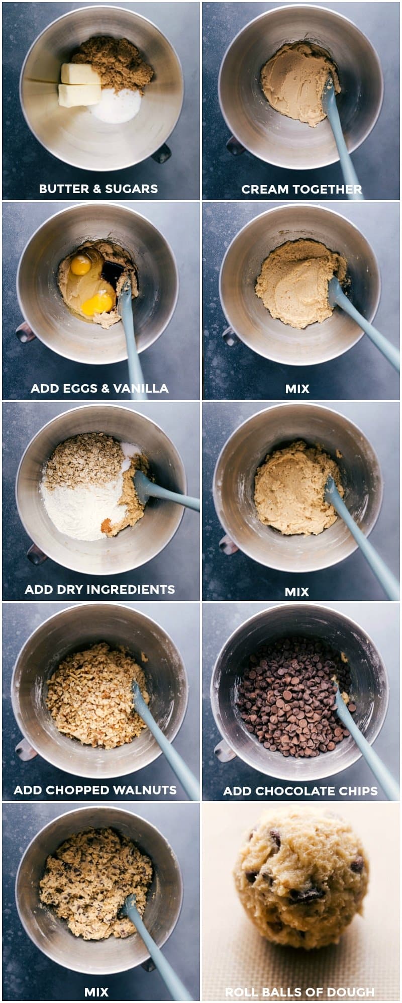 Stages of DoubleTree Cookie Dough: From Creaming to Adding Walnuts and Chocolate Chips, and Rolling into Balls. Progression from creaming butter and sugars to adding eggs, vanilla, dry ingredients, walnuts, and chocolate chips, finishing with dough balls.