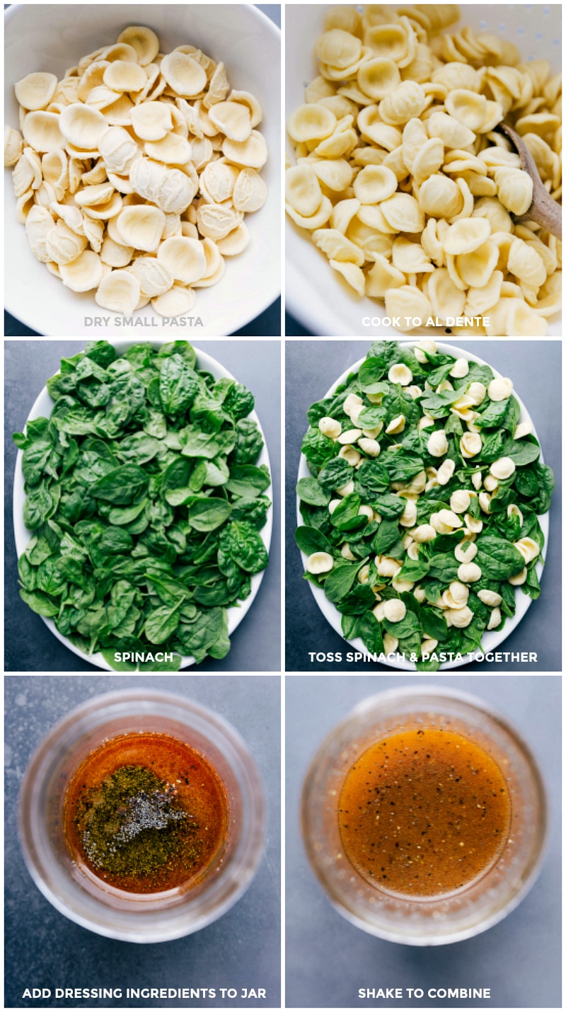 A simple pasta and spinach salad with tart apples, crisp celery, toasted pecans, sweet dried cranberries, and juicy oranges. This salad is dressed with a simple poppyseed vinaigrette. Recipe via chelseasmessyapron #apples #walnuts #oranges #autumn #crunch #pasta #salad Process shots-- images of the pasta being cooked, spinach being prepped, and dressing being made