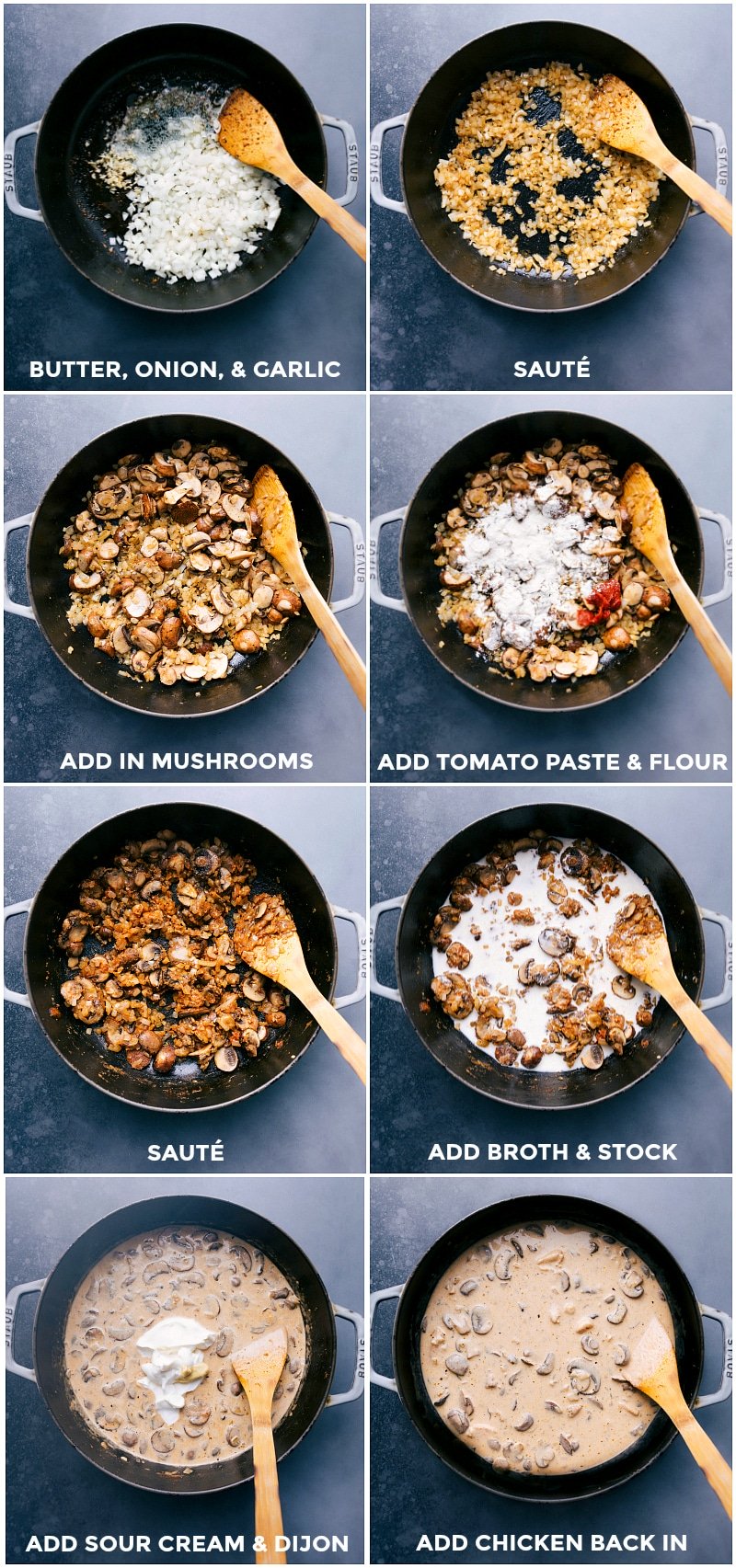 Vegetables sautรฉing with seasonings, broth, and tomato paste in a pot.