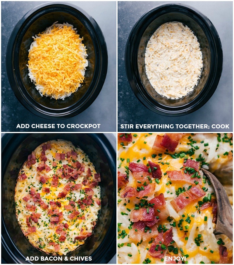 Completing Crockpot Hashbrown Casserole: Cheese Addition, Cooking, Bacon & Chives Topping Adding cheese to the slow cooker mix for the crockpot hashbrown casserole, stirring, cooking, then topping with bacon and chives, with the finished dish ready to serve.