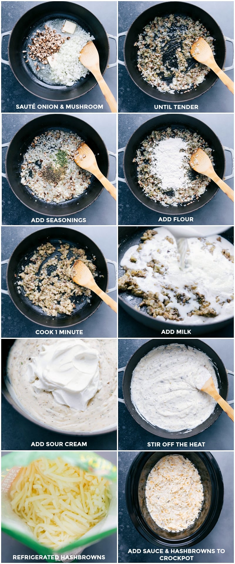 Creating Crockpot Hashbrown Casserole: From Sautéed Veggies to Slow Cooker Assembly Sautéing onions and mushrooms, adding seasonings and flour, stirring in milk and sour cream, and adding to the slow cooker.