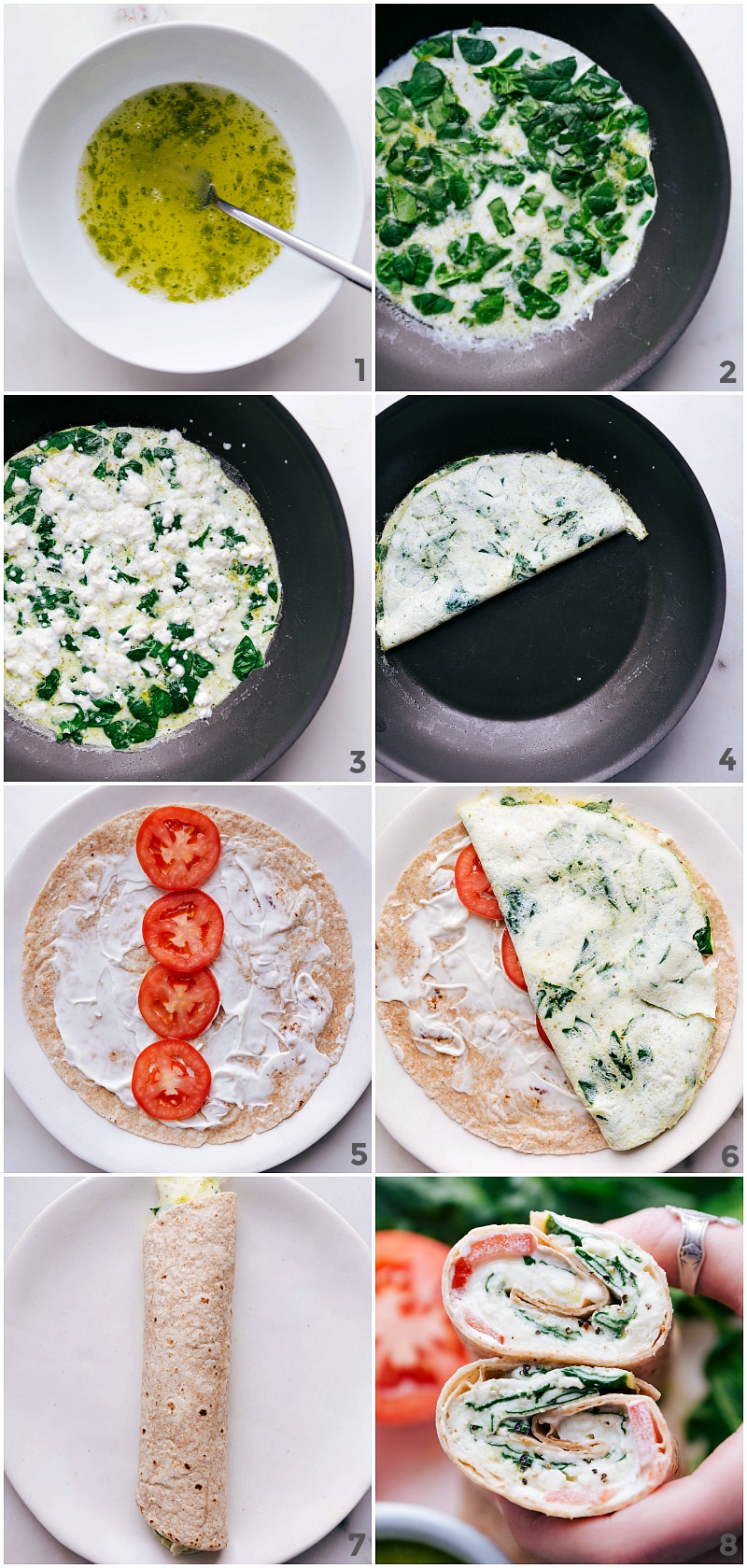 Creating Delicious Egg White Wraps: Pesto, Spinach, and Tortilla Assembly Preparation of egg white wraps: mixing egg whites with pesto, adding spinach, and rolling up in a tortilla.