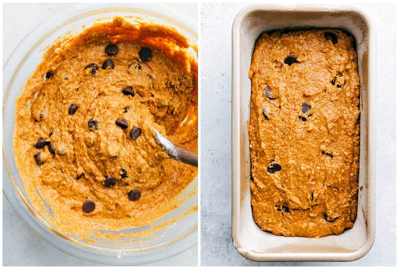 Preparing Pumpkin Bread Batter in Bowl and Pan Adding batter into a greased baking pan.