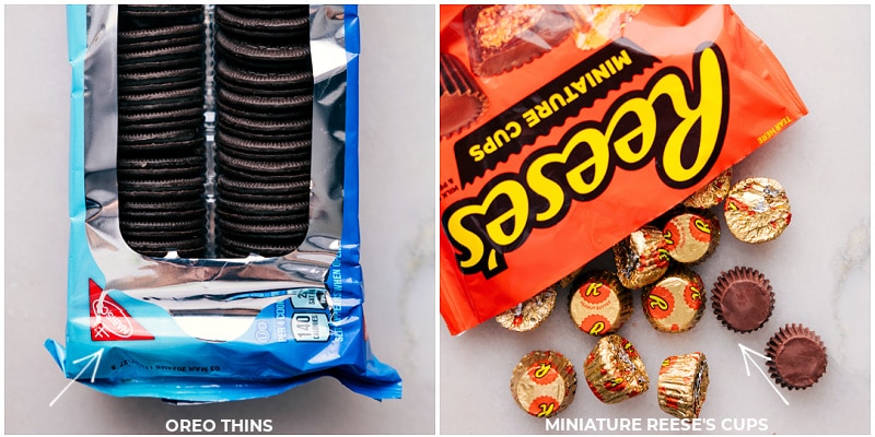 Start off this spooky season right with these fun Halloween Bat Treats where the creamy richness of Reese's cups meets the crunch of Oreos, all brought to life with a hint of melted white chocolate and fun candy eyes. Recipe via chelseasmessyapron #treat #best #quick #easy #simple #halloween #spooky #halloween #battreat Ingredient shot-- image of the Oreo Thins and Reese's Cups used in this recipe.