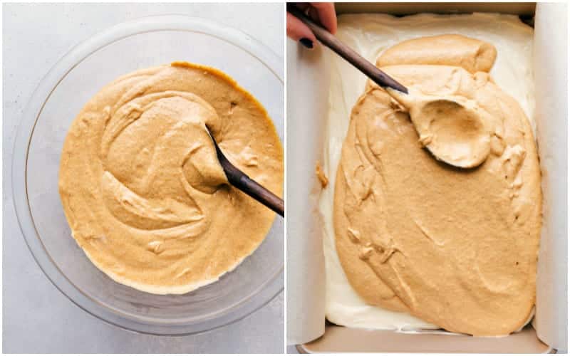 The BEST pumpkin cheesecake -- a delicious cinnamon graham cracker crust with two layers of cheesecake topped with an easy streusel and caramel sauce. These famous pumpkin cheesecake bars are sure to be a smash hit wherever you serve them!