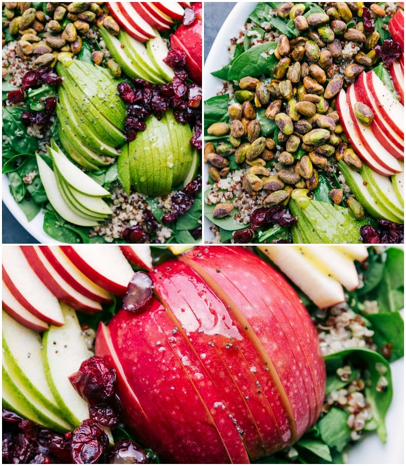 Adding Sliced Pears and Apples to the Cranberry Apple Quinoa Salad Sliced pears and apples being added to the cranberry apple quinoa salad.