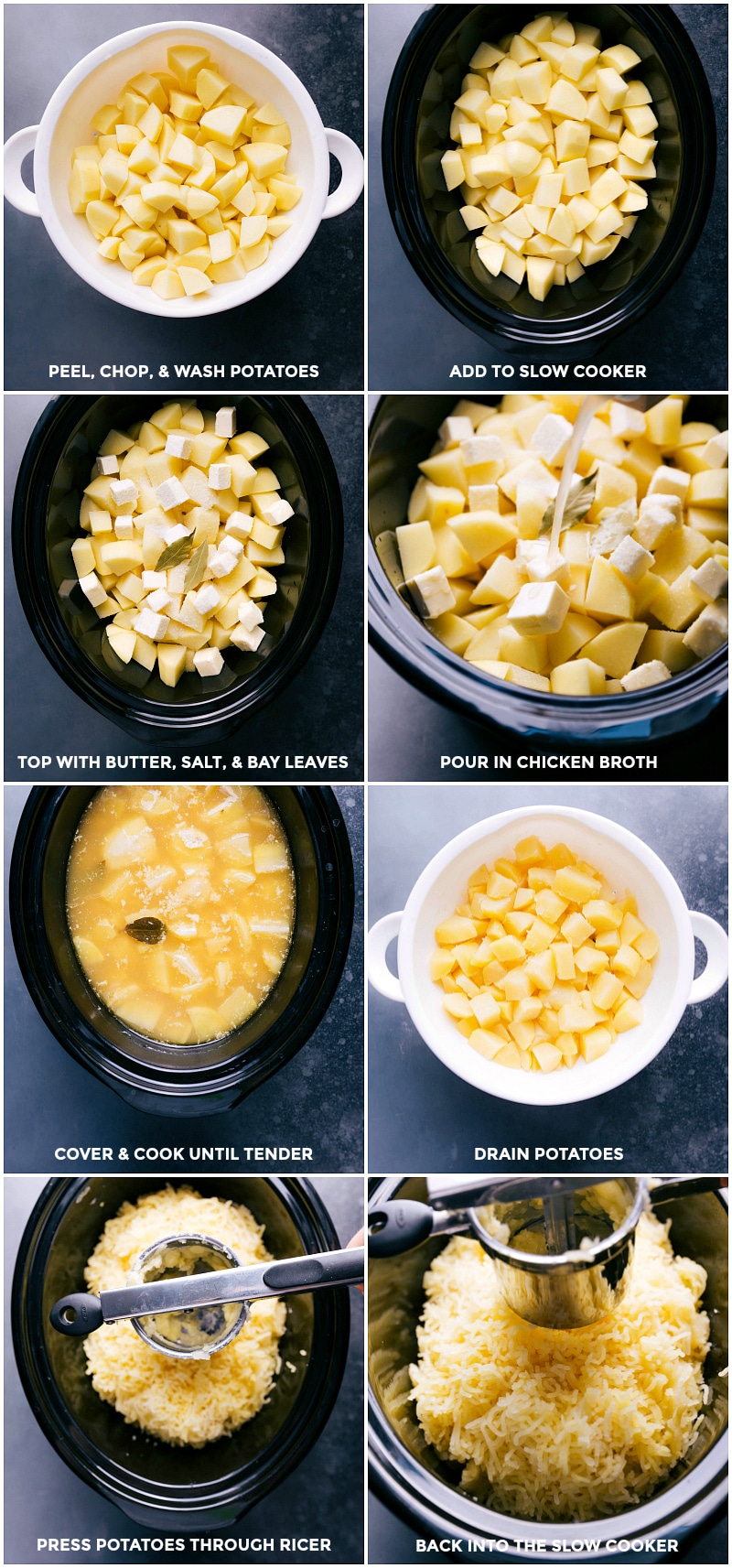 Preparing Creamy Crockpot Mashed Potatoes: Cooking and Ricing Process Chopped potatoes being added to a slow cooker with butter, salt, bay leaves, and chicken broth, then cooked, drained, pressed through a ricer, and returned to cooker.