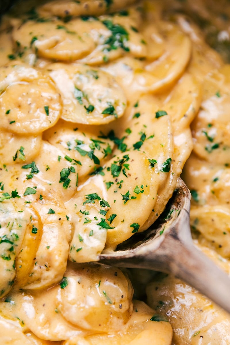 Crockpot Au Gratin Potatoes are pure comfort food and these are the BEST! Recipe via chelseasmessyapron #dinner #quick #easy #simple #healthy #best #thanksgiving #familyfriendly #crockpot #augratin #potatoes Up-close image of the dish ready to be enjoyed