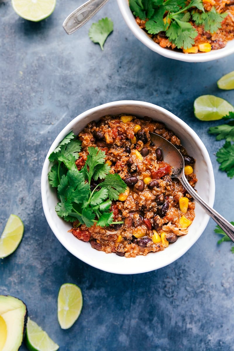 Crockpot quinoa chili topped with fresh cilantro ready to eat.