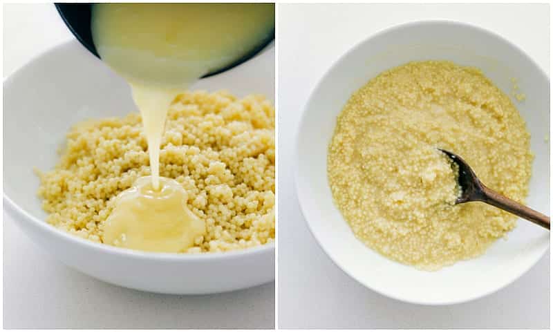 Frog Eye Salad is a retro side or dessert โsaladโ with canned fruits, acini de pepe pasta, and whipped topping--and a silly name! Process shots: pouring the custard into the pasta