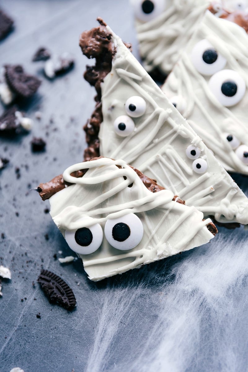 Slices of Halloween-Inspired Chocolatey Dessert A few slices of the delicious and chocolatey Halloween inspired dessert, which is easy and perfect for any spooky occasion!