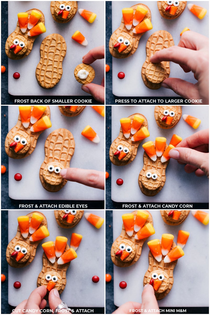 Step-By-Step Process Of Assembly Step-by-step shots of the turkey cookies assembly: 1. frost back of smaller cookie. 2. Press to attach to larger cookie. 3. Frost and attach edible eyes. 4. Frost and attach candy corn. 5. Cut candy corn, frost, and attach. 6. Frost and attach mini M&M