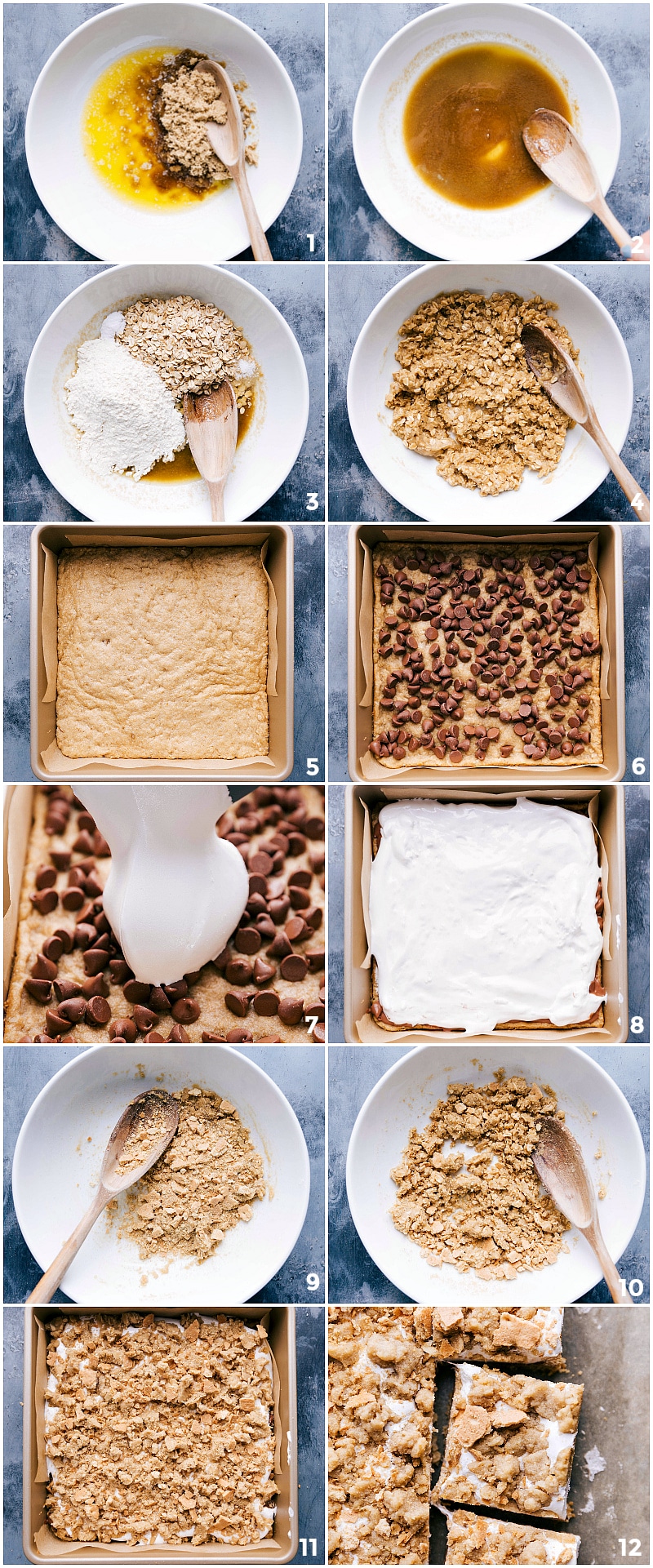 Creating S'mores Cookie Bars: A Visual Journey from Start to Finish Crafting s'mores cookie bars, from creating the cookie layer to adding chocolate chips, marshmallow fluff, and the crumble topping, displaying the finished bars.
