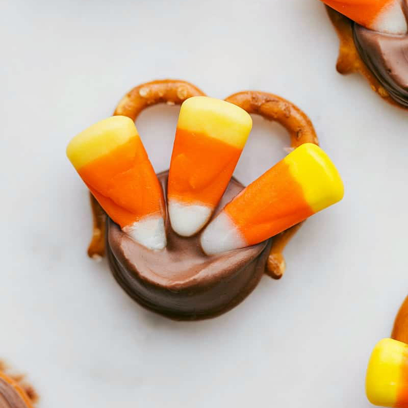 Delicious and Colorful Turkey Pretzel Treat Colorful and tasty turkey pretzel treat, a delightful Thanksgiving snack.