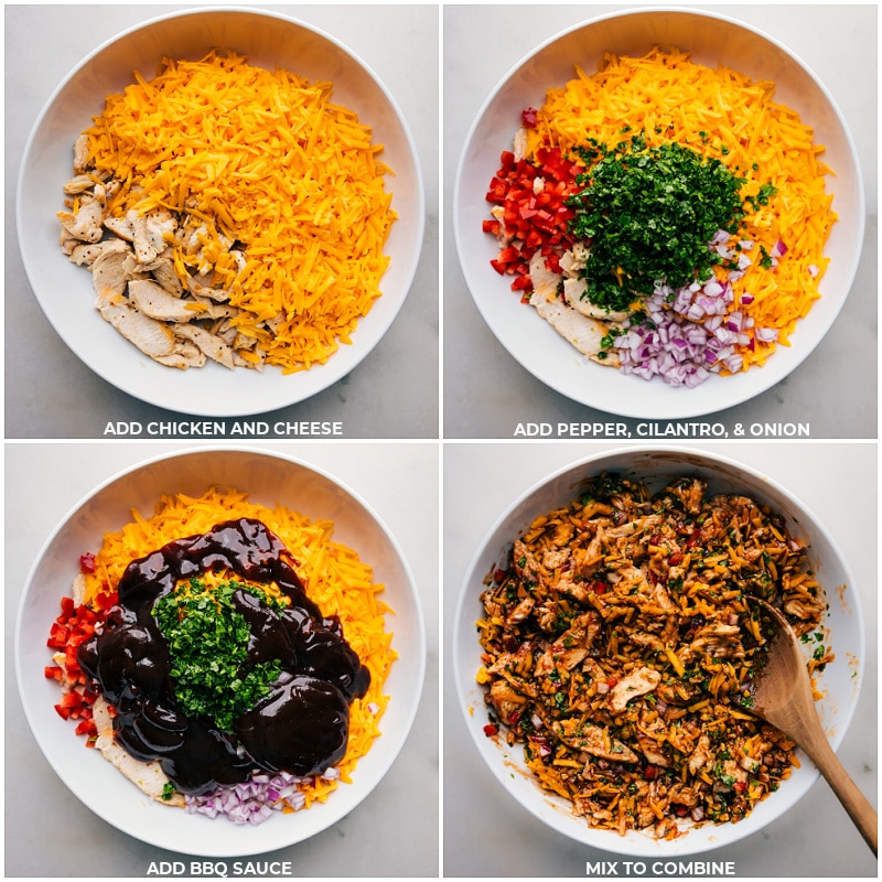 These BBQ Chicken Wraps are a delicious combination of saucy rotisserie chicken, sharp Cheddar cheese, and a mix of fresh veggies. All bundled up inside a large tortilla and crisped to perfection in a skillet, these wraps offer an irresistible crunch paired with a melty cheese filling. They're not only absolutely delicious, but also a convenient meal that can be whipped up in no time! Recipe via chelseasmessyapron #dinner #quick #easy #simple #familyfriendly #kidfriendly #bbq #chicken #wraps Process shots of BBQ Chicken Wraps-- images of the chicken, cheese, peppers, cilantro, onions, and BBQ sauce being added to a bowl