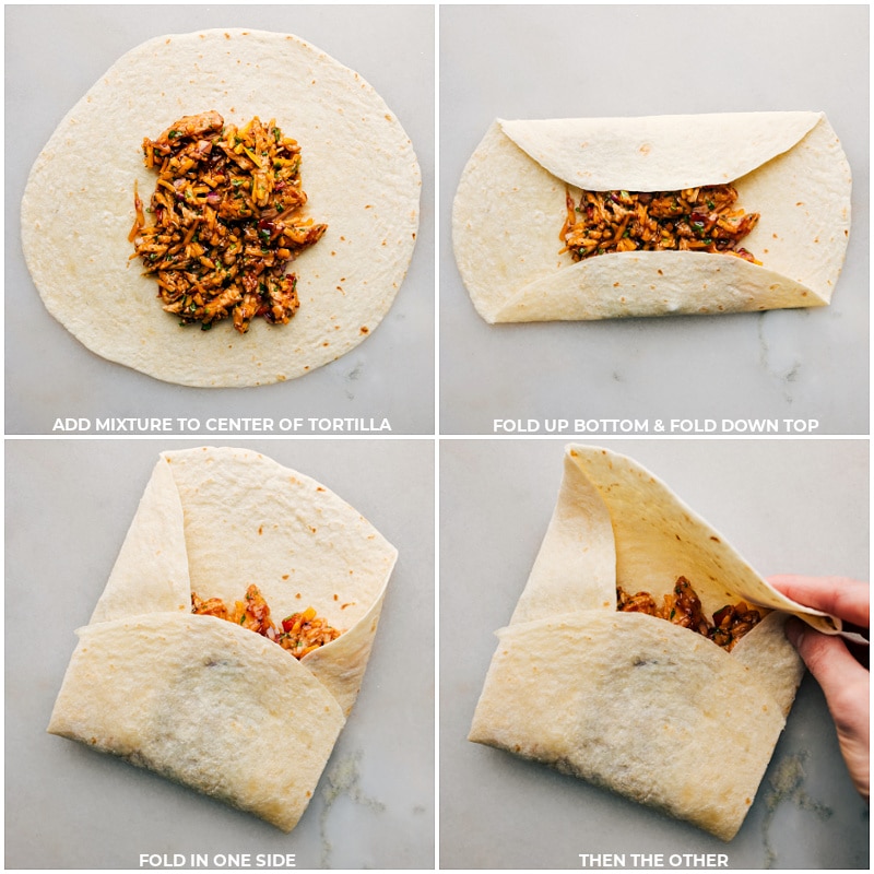 These quick and easy BBQ Chicken Wraps are a delicious combination of saucy rotisserie chicken, sharp Cheddar cheese, and a mix of fresh veggies. They're not only absolutely delicious, but also a convenient meal that can be whipped up in no time! Recipe via chelseasmessyapron #dinner #quick #easy #simple #familyfriendly #kidfriendly #bbq #chicken #wraps Process shots of the wraps being wrapped up
