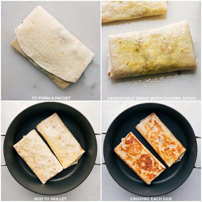 These quick and easy BBQ Chicken Wraps are a delicious combination of saucy rotisserie chicken, sharp Cheddar cheese, and a mix of fresh veggies. All bundled up inside a large tortilla and crisped to perfection in a skillet, these wraps offer an irresistible crunch paired with a melty cheese filling. Recipe via chelseasmessyapron #dinner #quick #easy #simple #familyfriendly #kidfriendly #bbq #chicken #wraps Process shots of BBQ Chicken Wraps-- images of the wraps being cooked in a skillet