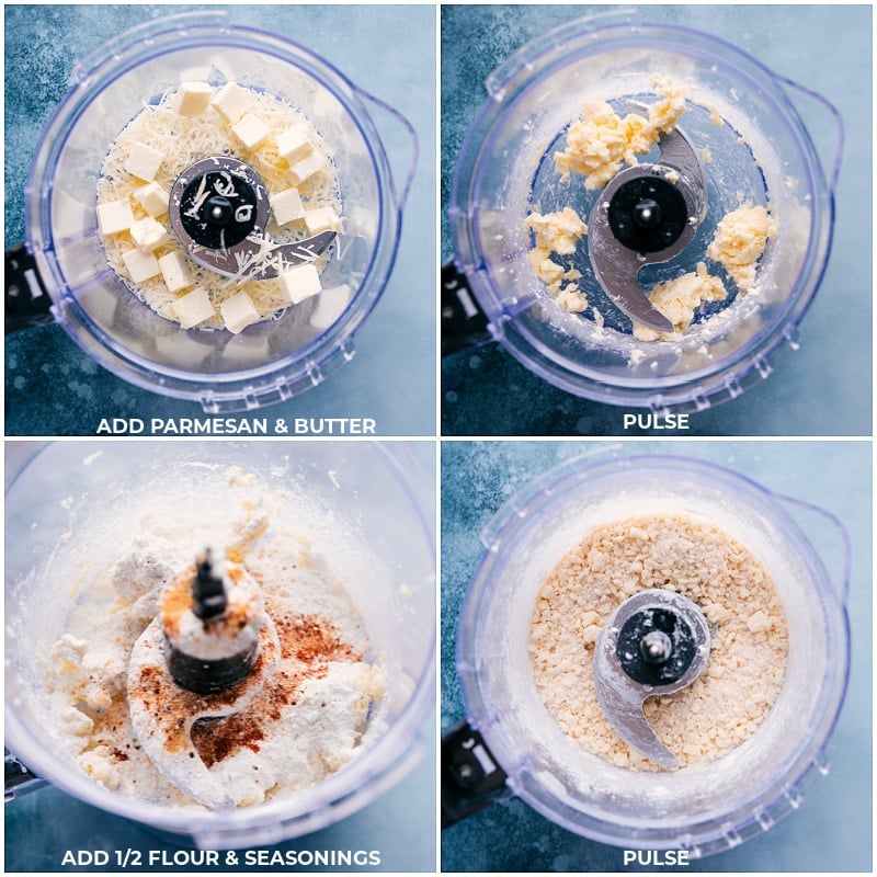 We're obsessed with these Homemade Crackers made with Parmesan cheese and Italian seasoning. Recipe via ChelseasMessyApron #snack #quick #easy #simple #best #homemade #crackers Process shots-- images of the Parmesan, butter, flour, and seasonings being added and pulsed together