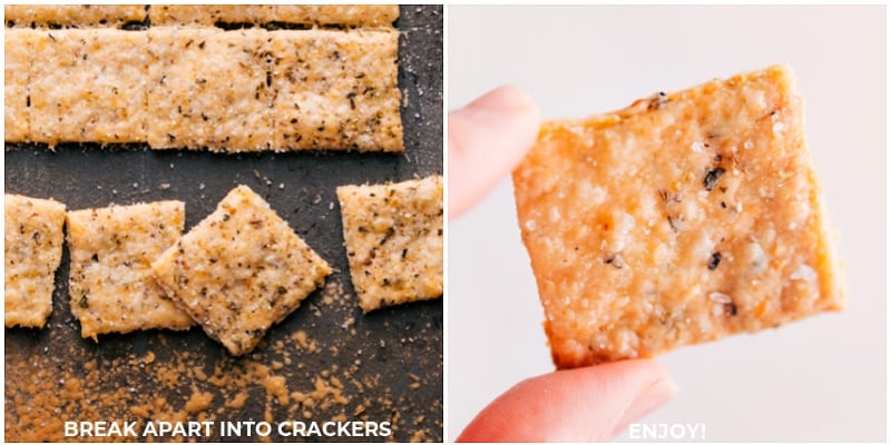 We're obsessed with these Homemade Crackers made with Parmesan cheese and Italian seasoning. Making crackers from scratch may seem excessive or intimidating, but we've simplified the process and are delivering a drool-worthy recipe. Once you try it, you won't forget it! Recipe via ChelseasMessyApron #snack #quick #easy #simple #best #homemade #crackers Overhead image of Homemade Crackers fresh out of the oven, ready to be eaten