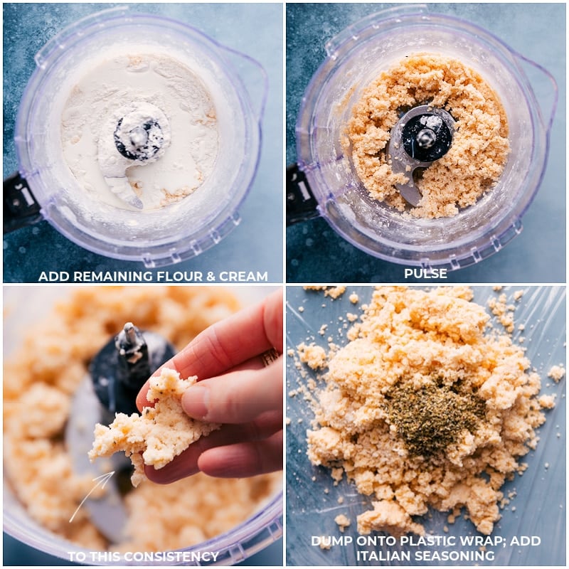 We're obsessed with these Homemade Crackers made with Parmesan cheese and Italian seasoning. Making crackers from scratch may seem excessive or intimidating, but we've simplified the process and are delivering a drool-worthy recipe. Once you try it, you won't forget it! Recipe via ChelseasMessyApron #snack #quick #easy #simple #best #homemade #crackers Process shots of Homemade Crackers-- images of the flour and cream being pulsed together an then it all being placed onto plastic wrap