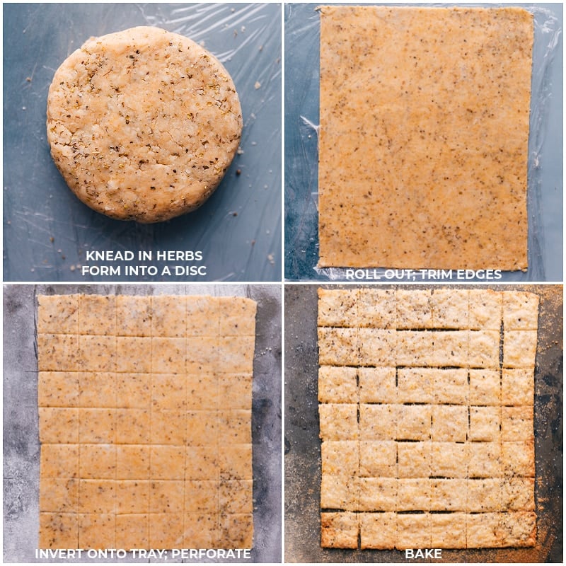 We're obsessed with these Homemade Crackers made with Parmesan cheese and Italian seasoning. Making crackers from scratch may seem excessive or intimidating, but we've simplified the process and are delivering a drool-worthy recipe. Once you try it, you won't forget it! Recipe via ChelseasMessyApron #snack #quick #easy #simple #best #homemade #crackers Process shots-- images of the dough being rolled out, cut into squares, and then being baked