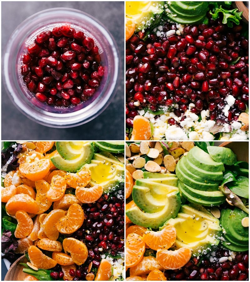 Adding Vibrancy to Salad - Pomegranates, Oranges, and Avocados Pomegranate seeds, orange slices, and avocado pieces being carefully added to a fresh salad.
