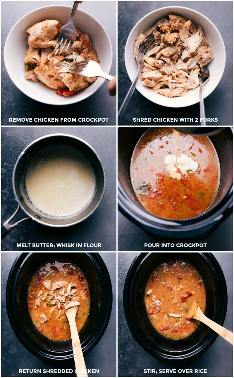 Steps of Creation - From Shredding Chicken to Creamy Sauce Completion Chicken being lifted from a slow cooker to shred, cream sauce preparation and whisking, and chicken returned to the pot.