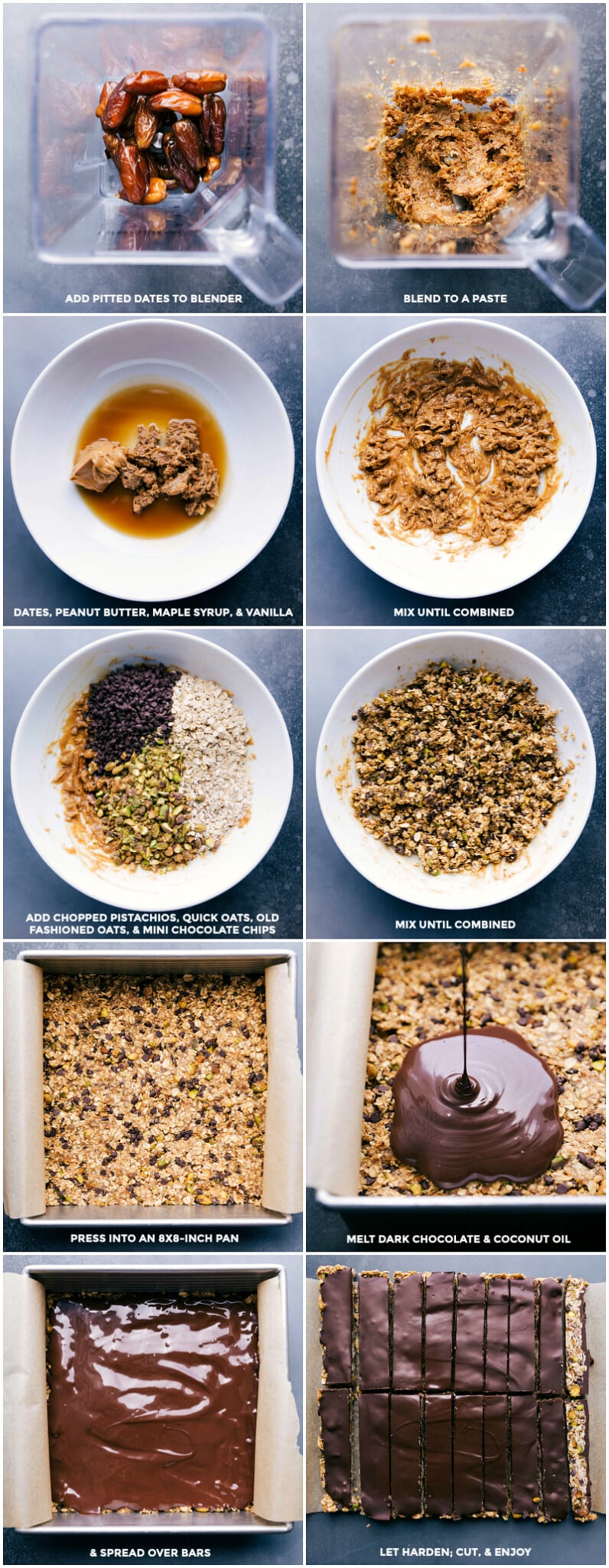 Making Homemade Granola Bars: Blending Dates, Mixing Ingredients, Adding Melted Chocolate, Cooling, and Cutting Blending dates, mixing all other ingredients in a bowl, laying out in pan and pouring melted chocolate on top, cooling, and cutting up.