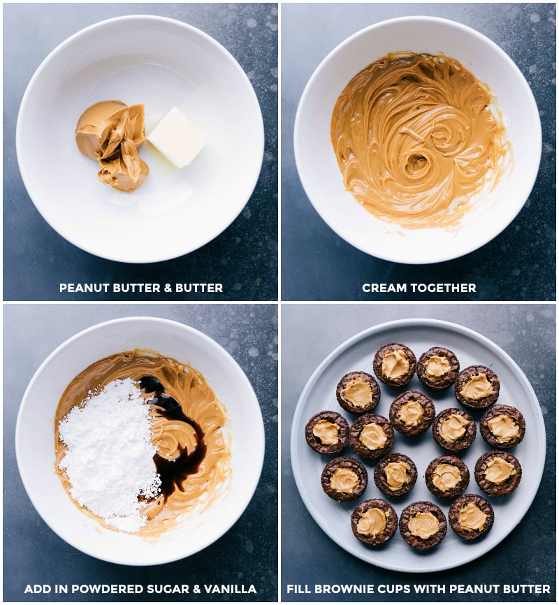 Making Peanut Butter Filling: Creaming Butter and Peanut Butter, Adding Sugar and Vanilla, Filling Brownie Cups Creaming peanut butter and butter, adding powdered sugar and vanilla, and mixing well to fill brownie cups with the peanut butter mixture.