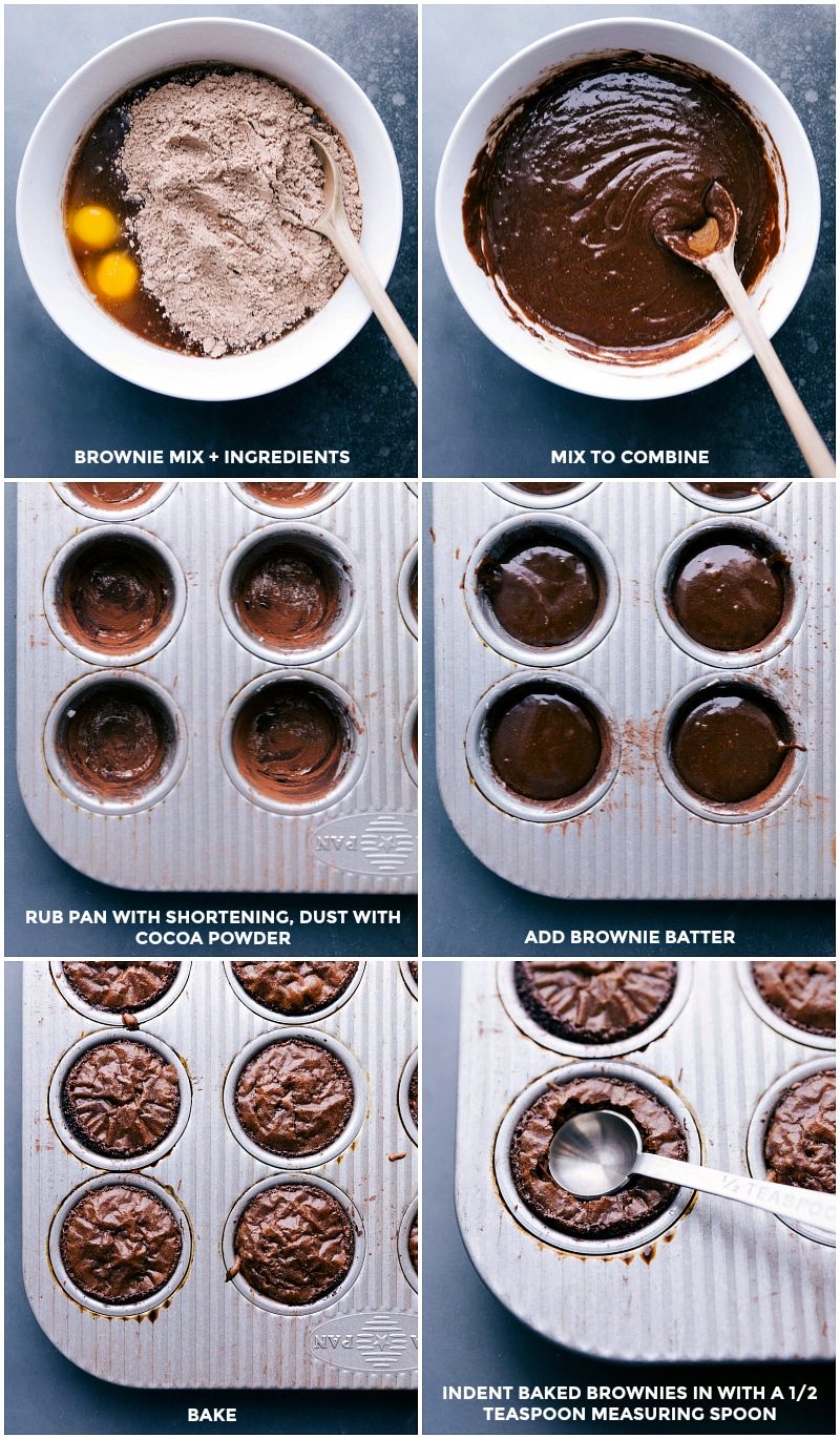 Preparing Peanut Butter Brownie Bites: Mixing Ingredients, Prepping Pan, Baking, and Indenting Hot Brownies Bowl with brownie mix and other ingredients being combined, pan greased and dusted with cocoa powder, batter added to the pan, baked, and an indent created in each hot brownie.