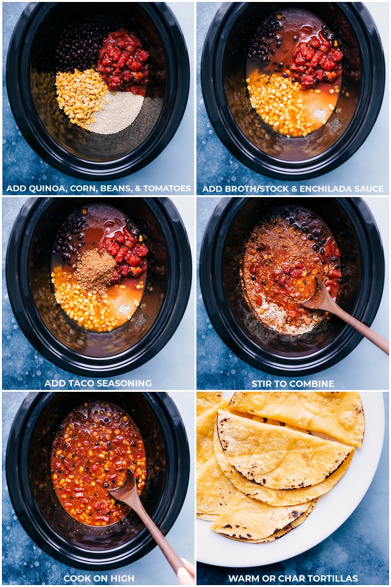These flavor-packed, meatless Quinoa Tacos couldn't be easier; we dump everything into the slow cooker (no chopping or sautรฉing beforehand) and let the appliance work its magic! Once the quinoa is cooked, load the delicious filling on warmed tortillas and add your favorite taco toppings. It doesn't get much easier than this recipe!ย Recipe via chelseasmessyapron #dinner #quick #easy #simple #delicious #healthy #vegetarian #quinoa #tacos Process shots-- images of all the ingredients being added to the slow cooker.