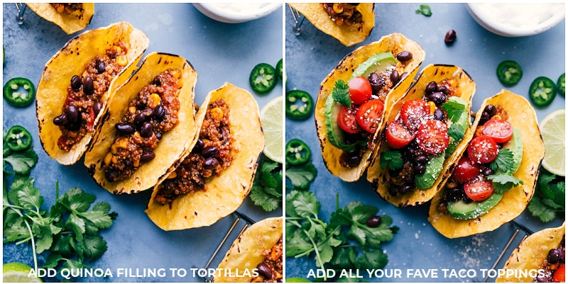 These flavor-packed, meatless Quinoa Tacos couldn't be easier; we dump everything into the slow cooker (no chopping or sautรฉing beforehand) and let the appliance work its magic! Once the quinoa is cooked, load the delicious filling on warmed tortillas and add your favorite taco toppings. It doesn't get much easier than this recipe!ย Recipe via chelseasmessyapron #dinner #quick #easy #simple #delicious #healthy #vegetarian #quinoa #tacos Image of the toppings being added to Quinoa Tacos.